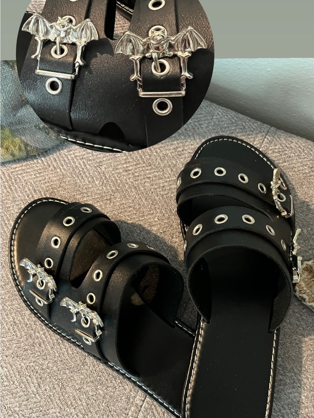 Women’s sandals black goth slides rivet buckle bats bat wing flip flops summer